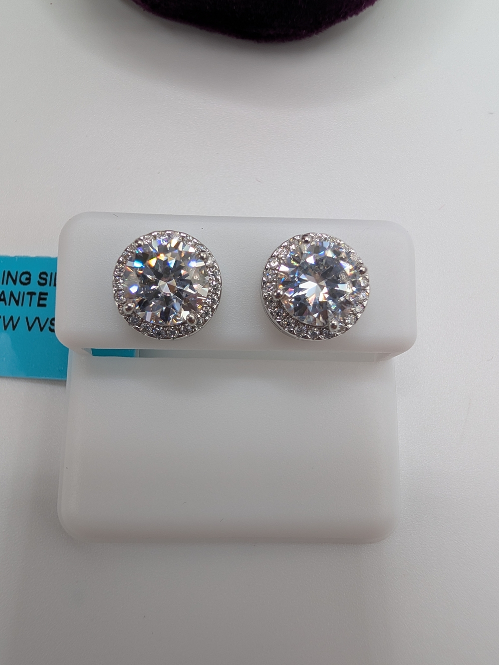 NWT 4.36 CTW Moissanite Halo Stud Earrings Sterling Silver VVS D Round